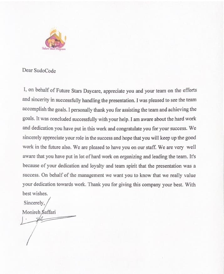 نامه رضایت futurestarsdaycare